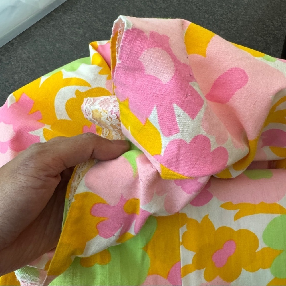Vintage Handmade 70s Floral Maxi Dress Pink Orange Green Cotton V-Neck Zip Back - Picture 14 of 15